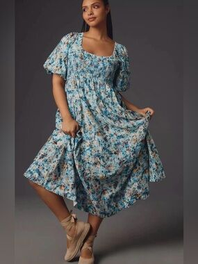 Anthropologie Teal Floral Smocked Midi Dress
